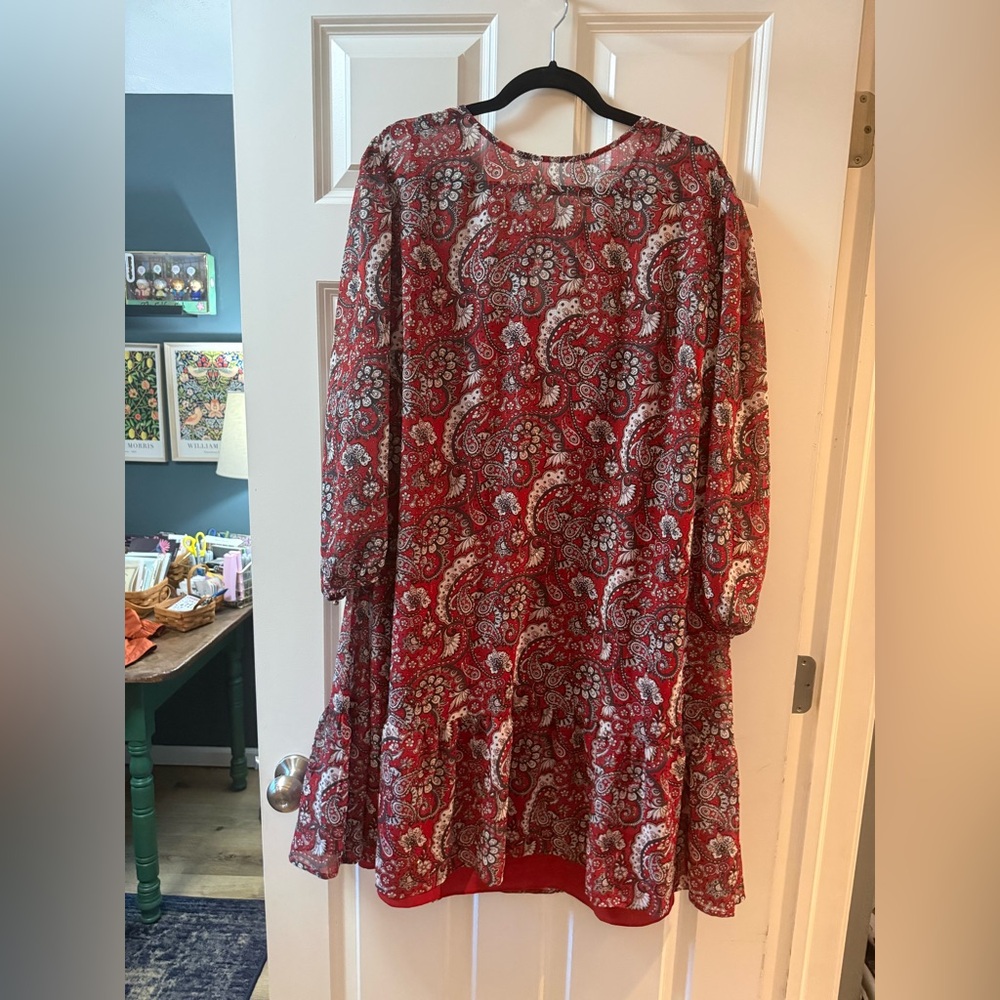 LOFT Red and White Paisley Long Sleeve Dress